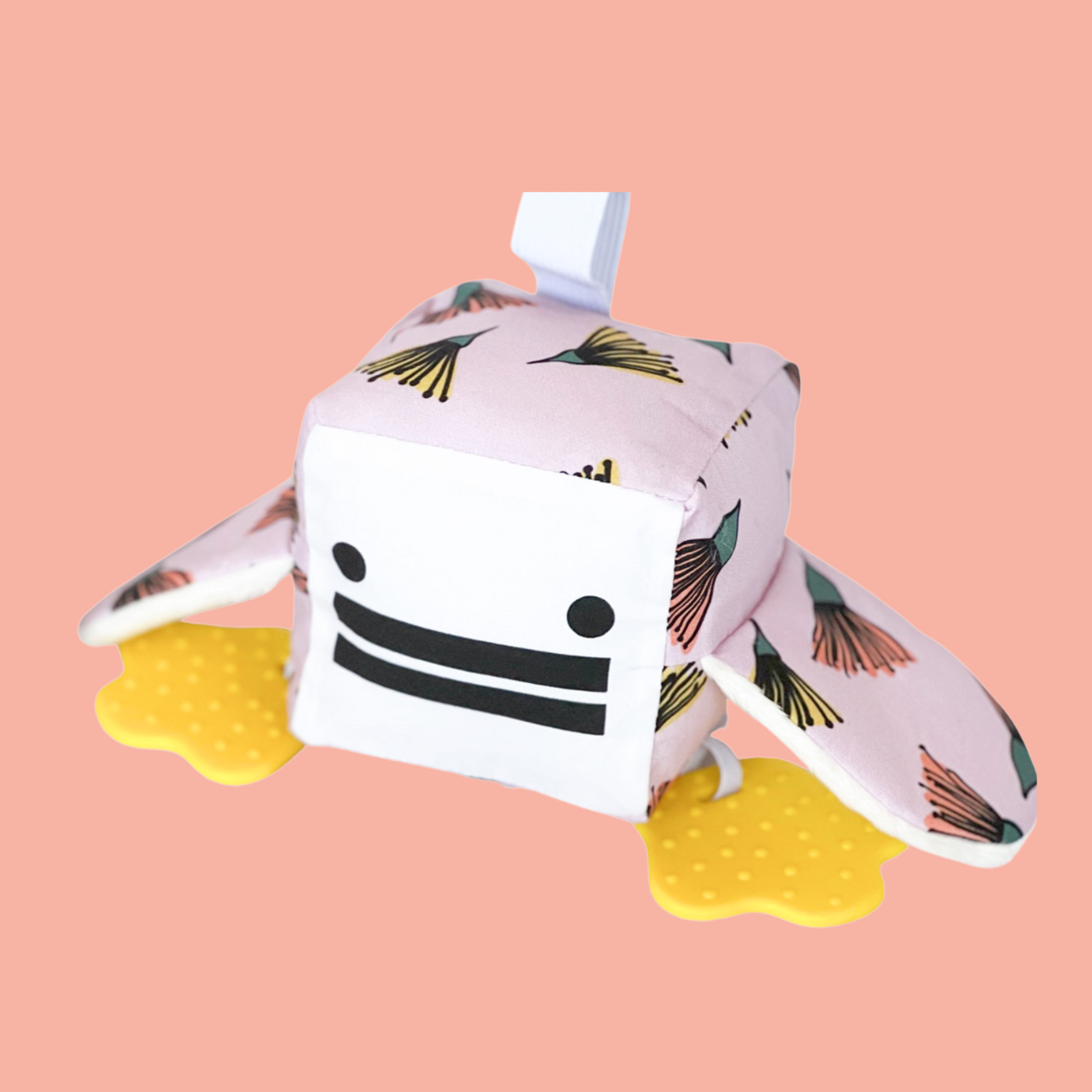 Eco-friendly and Australian-made handmade baby sensory toy — blossom patterned duck with soft fabric wings and safe chewable teething feet. Montessori-inspired toy for babies to encourage sensory development, teething relief, and independent play. Perfect unique baby shower gift for new parents.