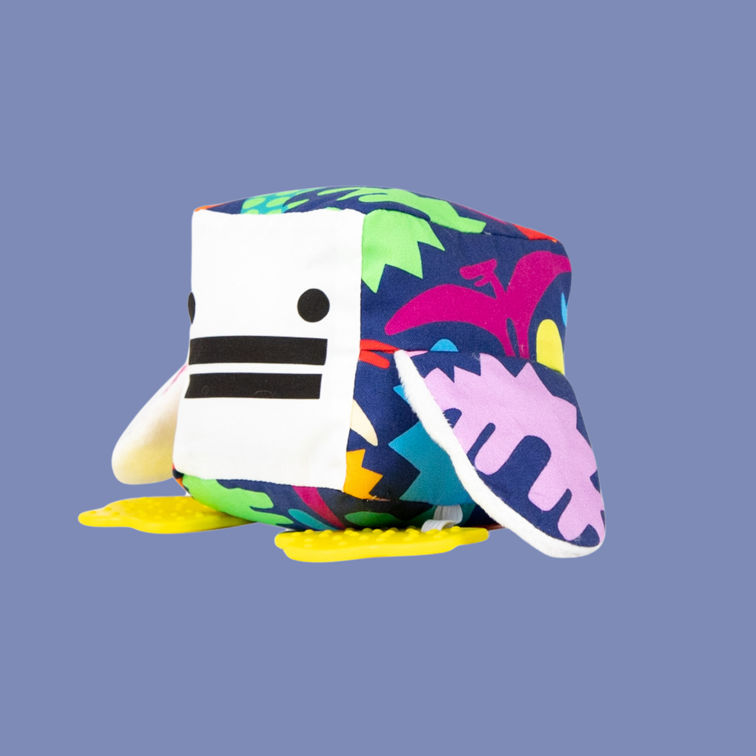 Eco-friendly and Australian-made handmade baby sensory toy — bright dino print duck with soft fabric wings and safe chewable teething feet. Montessori-inspired toy for babies to encourage sensory development, teething relief, and independent play. Perfect unique baby shower gift for new parents.