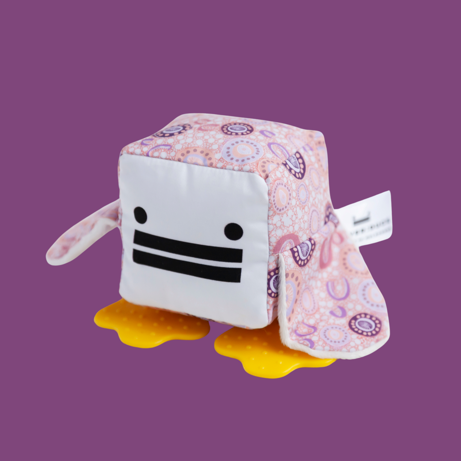 Eco-friendly and Australian-made handmade baby sensory toy — indigenous  print duck with soft fabric wings and safe chewable teething feet. Montessori-inspired toy for babies to encourage sensory development, teething relief, and independent play. Perfect unique baby shower gift for new parents.