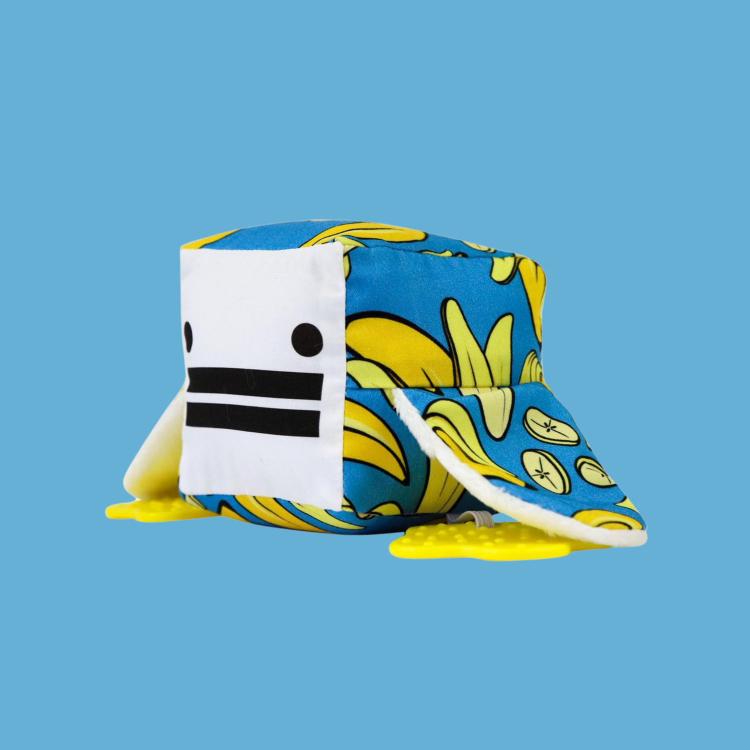 Eco-friendly and Australian-made handmade baby sensory toy — banana print duck with soft fabric wings and safe chewable teething feet. Montessori-inspired toy for babies to encourage sensory development, teething relief, and independent play. Perfect unique baby shower gift for new parents.