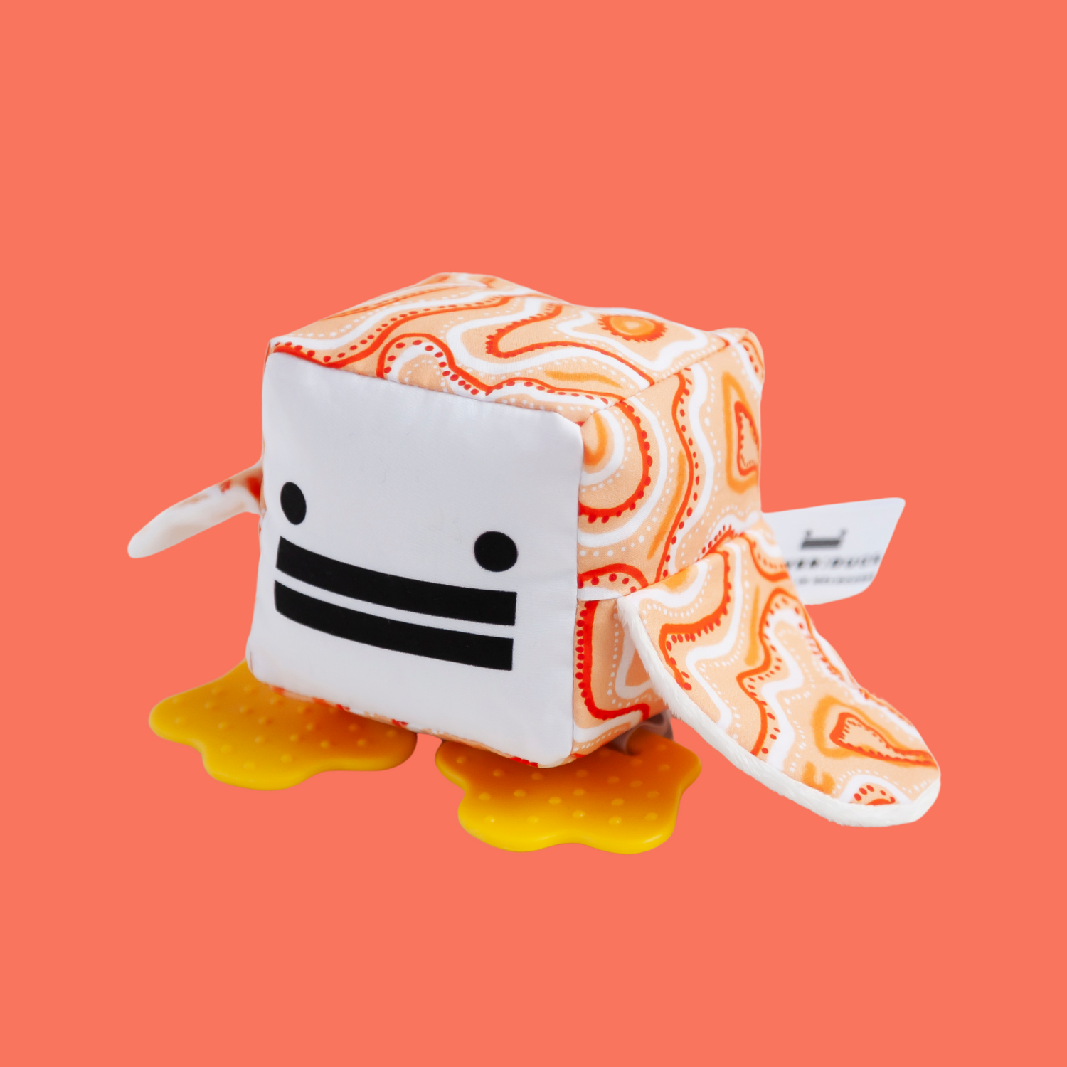 Eco-friendly and Australian-made handmade baby sensory toy — orange indigenous patterned duck with soft fabric wings and safe chewable teething feet. Montessori-inspired toy for babies to encourage sensory development, teething relief, and independent play. Perfect unique baby shower gift for new parents.
