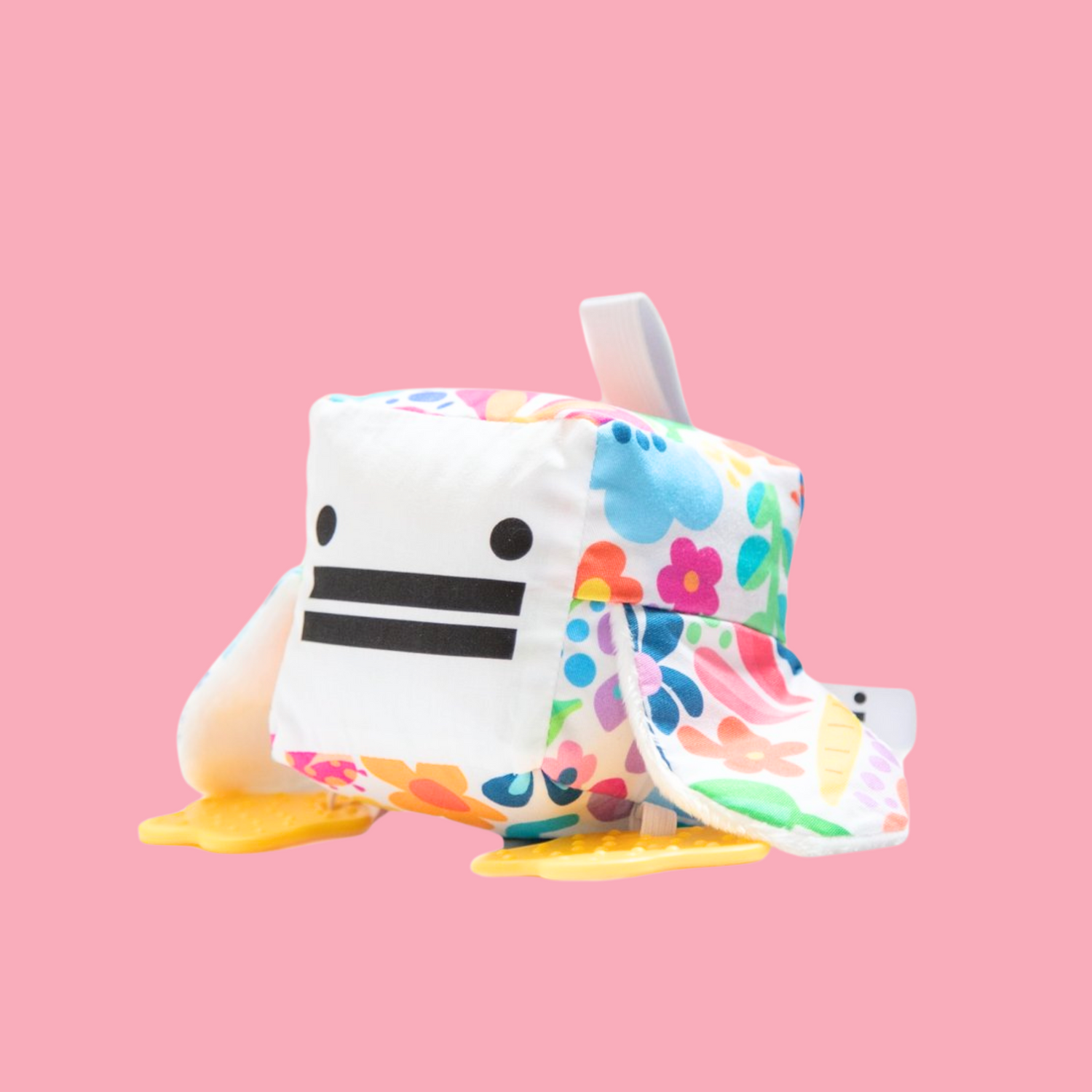 Eco-friendly and Australian-made handmade baby sensory toy — bright flower patterned duck with soft fabric wings and safe chewable teething feet. Montessori-inspired toy for babies to encourage sensory development, teething relief, and independent play. Perfect unique baby shower gift for new parents.