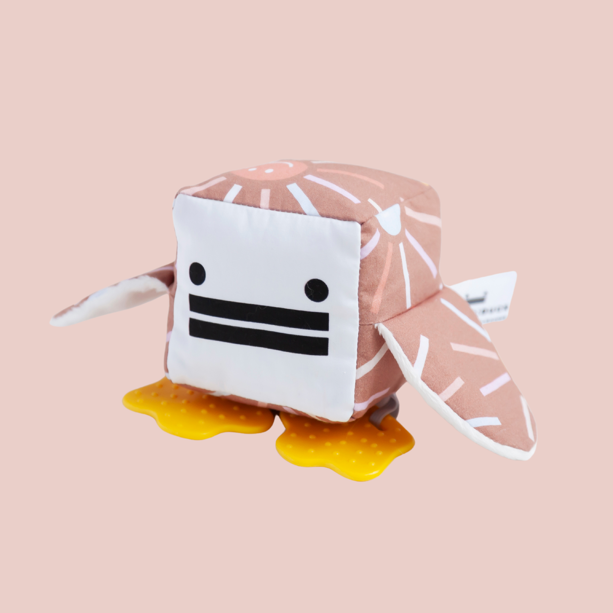 Eco-friendly and Australian-made handmade baby sensory toy — smiling sunshine patterned duck with soft fabric wings and safe chewable teething feet. Montessori-inspired toy for babies to encourage sensory development, teething relief, and independent play. Perfect unique baby shower gift for new parents.