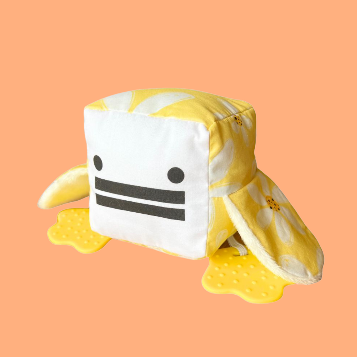 Eco-friendly and Australian-made handmade baby sensory toy — daisy flower pattern duck with soft fabric wings and safe chewable teething feet. Montessori-inspired toy for babies to encourage sensory development, teething relief, and independent play. Perfect unique baby shower gift for new parents.